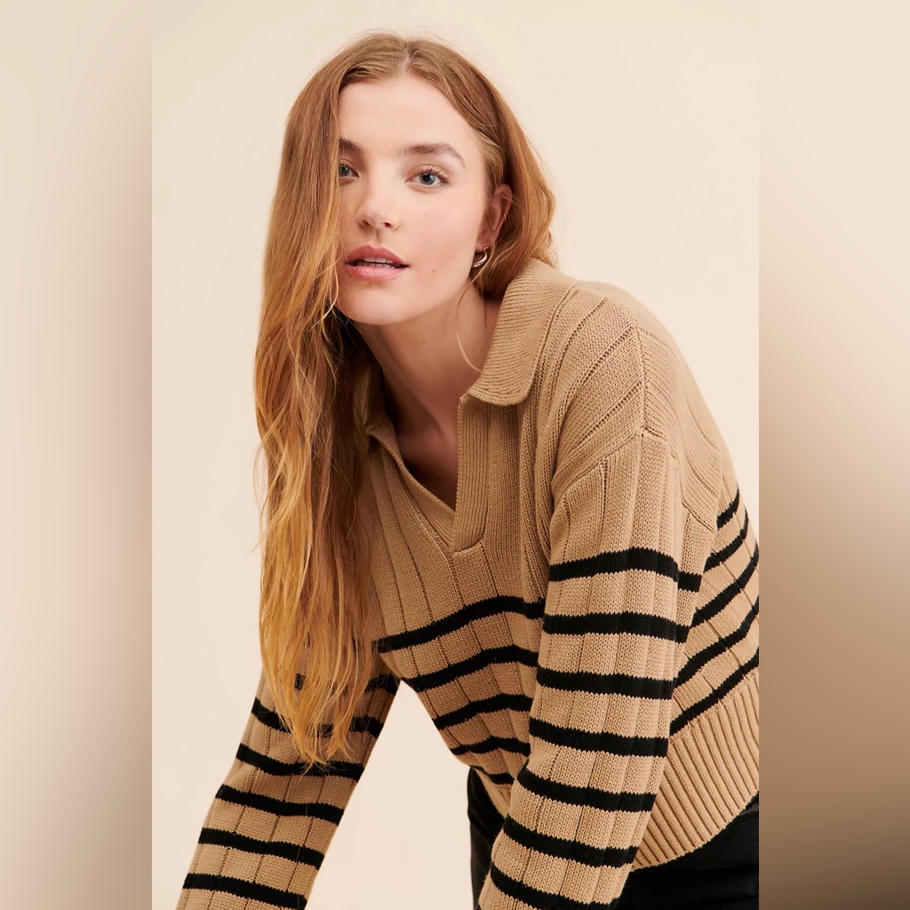 Pistola Tan And Black Striped Collared Knit Sweater